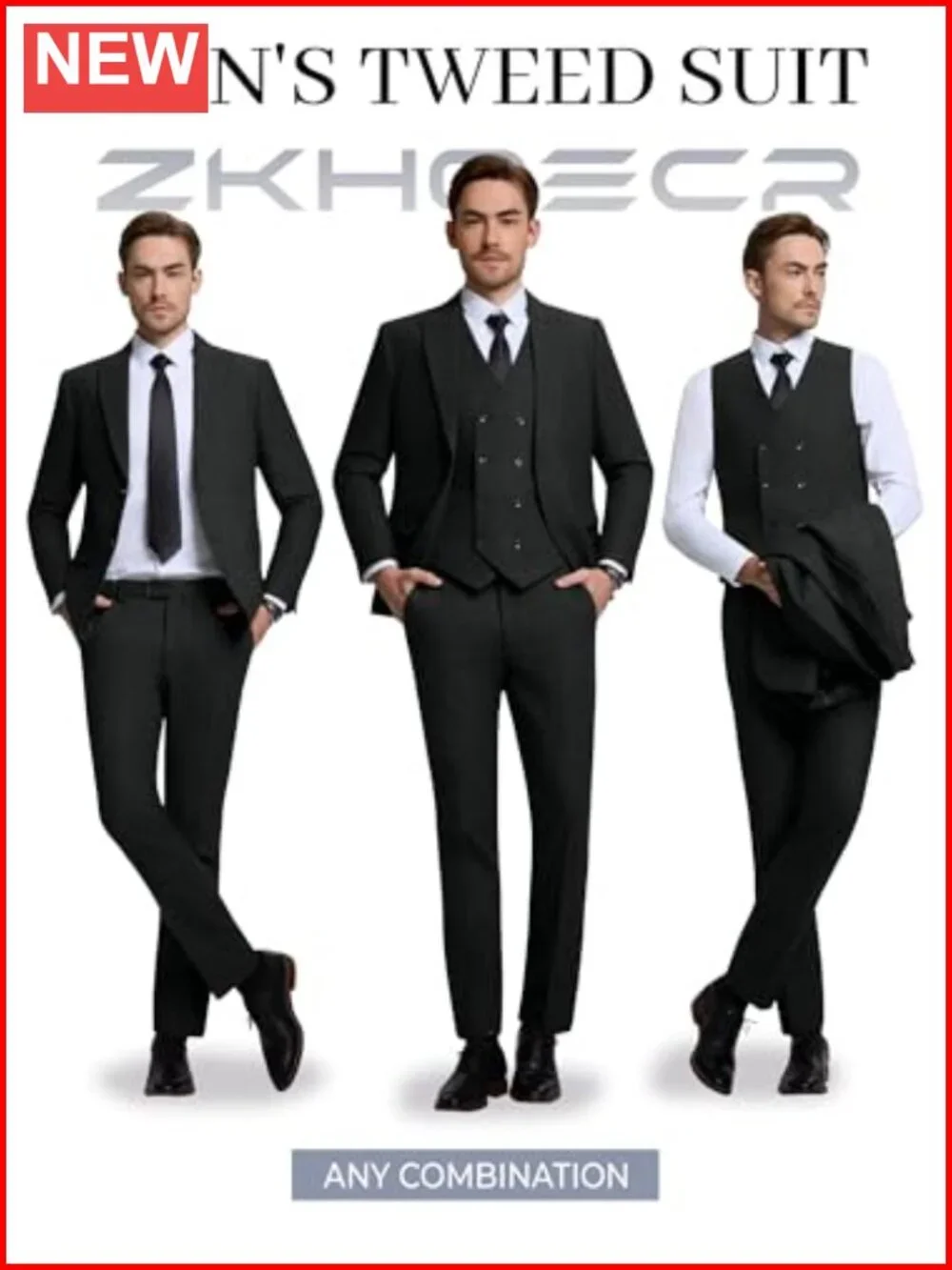 Men's 3 Piece Herringbone Tweed Suit Set Double Breasted Jacket Vest Pants